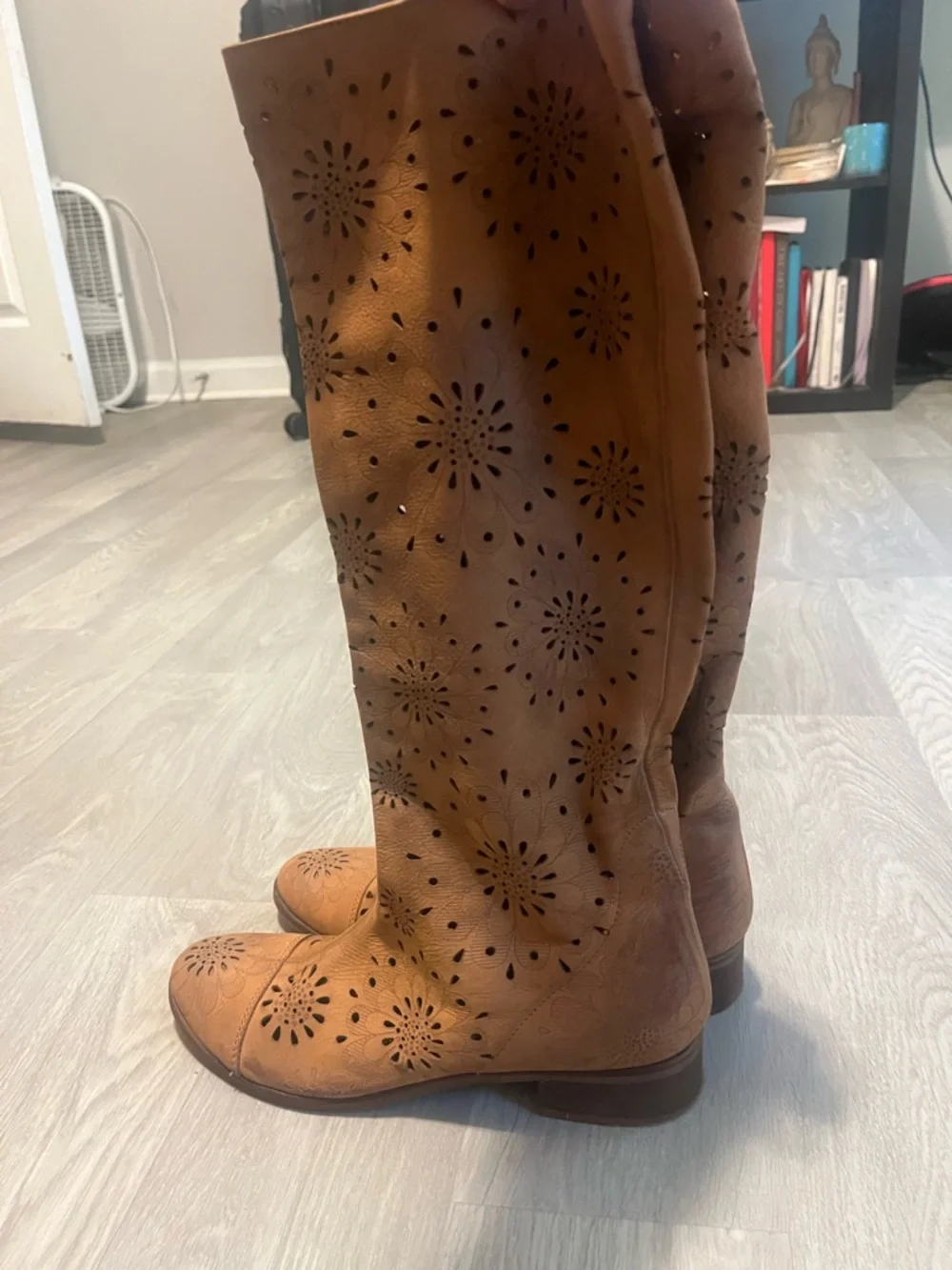 Over-the-Knee Perforated Floral Tan Boots‎